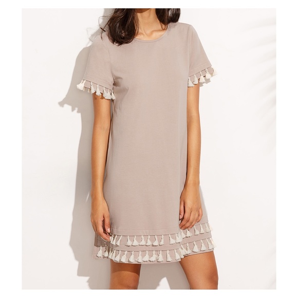 MBM Unlimited Dresses & Skirts - Beige White Short Sleeve Tassel Shift Dress
